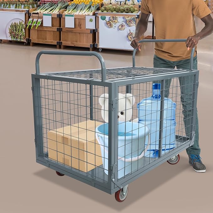 5 in 1 Mutipurpose Platform Truck Cart with Cage, 2200lbs Capacity Heavy Duty Rolling Cart Hand Truck with Wheels, 43.31"×27.56"×41.8" for Workshops Warehouses