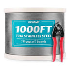 Lichamp 1000FT 1/8" Stainless Steel Wire Rope Cable, Aircraft 316 SS Braided Steel Wire Thin Metal Cable Hardware for Deck Railing Handrail Safety System, SSC1000