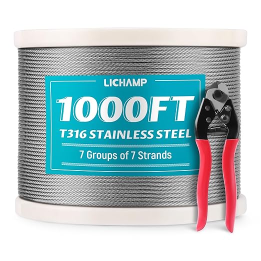 Lichamp 1000FT 1/8" Stainless Steel Wire Rope Cable, Aircraft 316 SS Braided Steel Wire Thin Metal Cable Hardware for Deck Railing Handrail Safety System, SSC1000