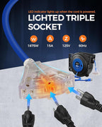 Retractable Extension Cord Reel, 45 FT Heavy Duty Power Cord, 12AWG/3C SJTOW, 3 Grounded Outlets Lighted Triple Tap, 15 Amp Circuit Breaker, UL Listed, Blue U45CR06
