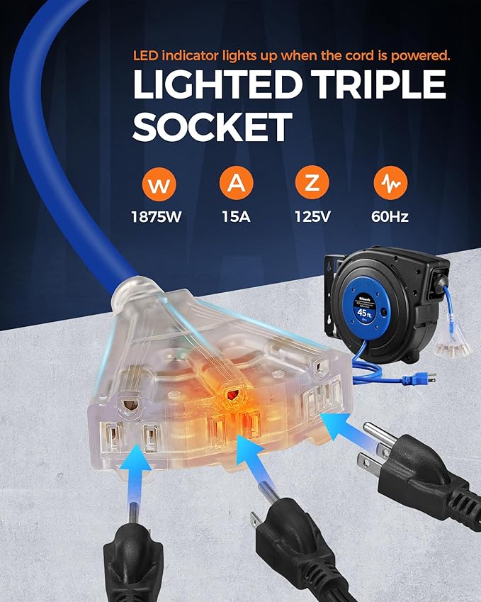 Retractable Extension Cord Reel, 45 FT Heavy Duty Power Cord, 12AWG/3C SJTOW, 3 Grounded Outlets Lighted Triple Tap, 15 Amp Circuit Breaker, UL Listed, Blue U45CR06