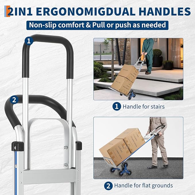 Heavy-Duty 2-in-1 Aluminum Stair Climbing Hand Truck – 600 lbs Capacity, Dual Handles, Extendable Base Plate, 6 Wheels, 2 Elastic Ropes – Versatile Trolley for Home, Warehouse, Shopping – Silver