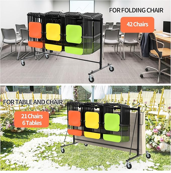Folding Chair Rack Table and Chairs Storage Cart 400 LBS Capacity Heavy Duty Steel Mobile Dolly, 42 Chairs or 12 Tables Folding Chair on Wheels Storage Rack with Dust Cover & Elastic Cords