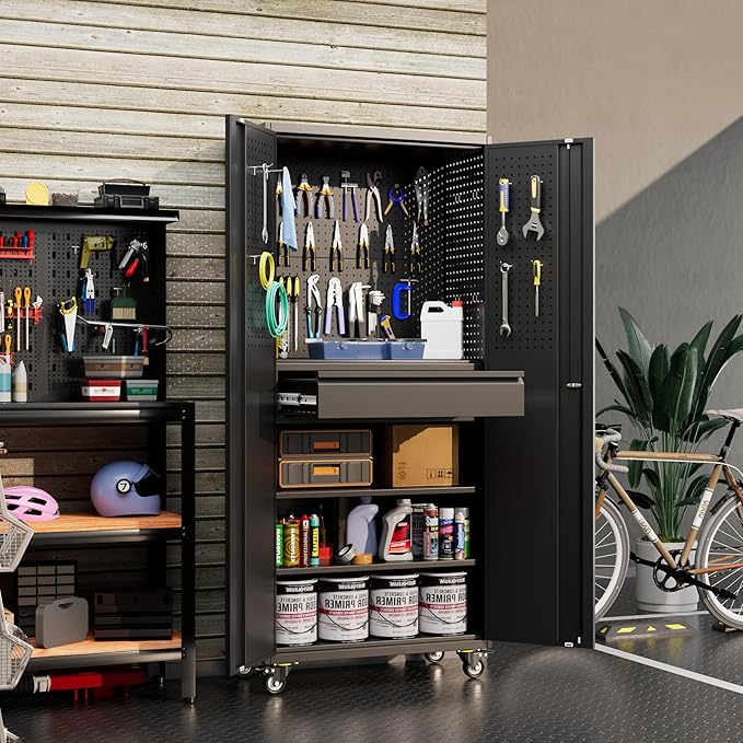 Aobabo 71" H Metal Storage Cabinet with Wheels with 5 Pegboards and 1 Drawer,Lockable Steel Tool Cabinet for Garage,Warehouse,Assembly Required,Black