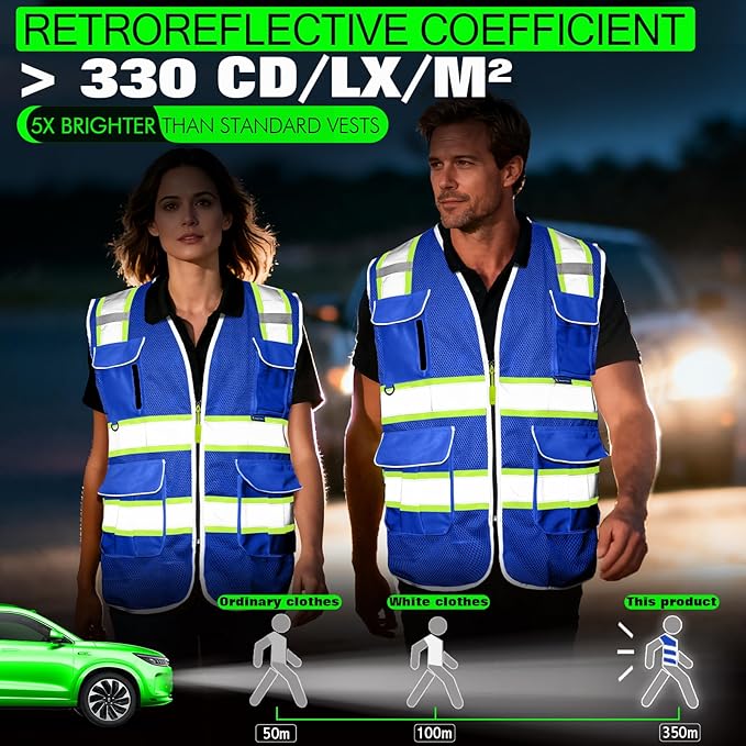 BeautyWill Custom Logo 10 Pockets Safety Vest Class2 ANSI Certified High Visibility Reflective Vest