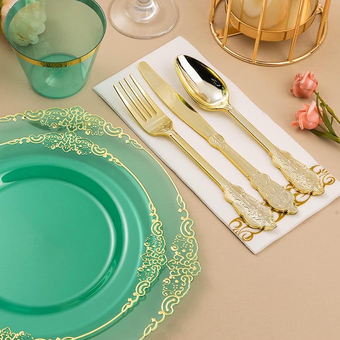 350PCS Clear Green Plastic Plates for 50 Guests, Disposable Plates with Gold Trim include 100 Dinner Plates, 150 Gold Silverware, 50 Cups, 50 Napkins for Party, Wedding and Graduation