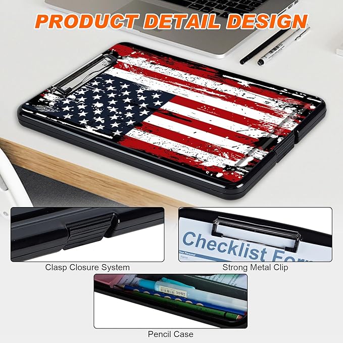 Side Opening Clipboard with Storage and Pen Holder, Large Capacity Heavy Duty Clip Board, American Flag Design for Teachers and Nurses