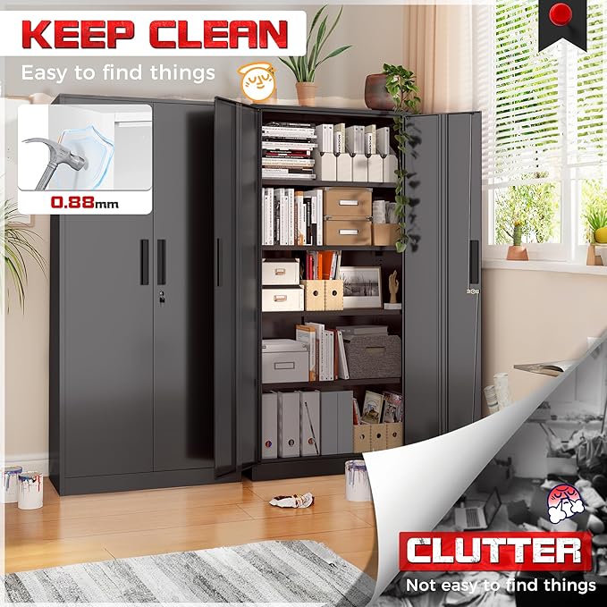 Superday Metal Garage Storage Cabinet with Lock, 71" H Lockable Storage Cabinets with Doors and 4 Adjustable Shelves, Locking Cabinet for Office, Home, Garage, Gym, School (Black)