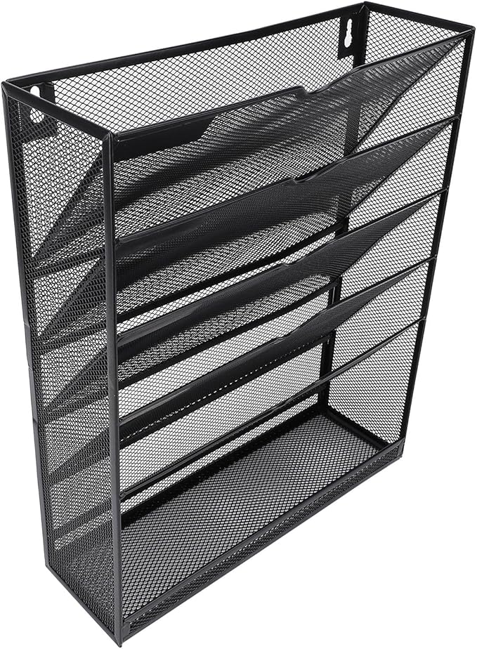 Walfront Hanging Wall File Holder 6 Tier Metal Hanging Wall Mount File Organizer for Home and Office Vertical Folder Rack with 5 Pockets Bottom Slot Grooves Tray Label Slot Easy Setup