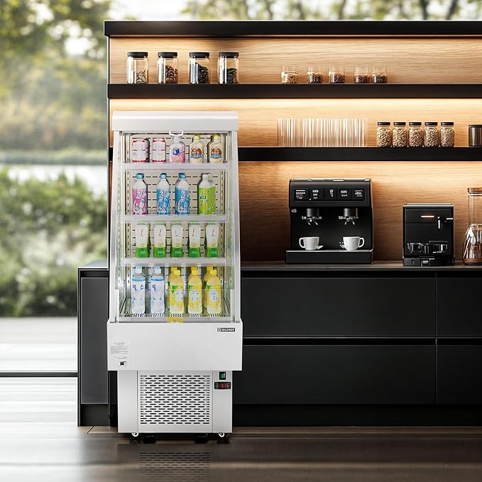 WILPREP Commercial Display Refrigerator, 24" Open Air Merchandiser with 8.1 cu. ft. Volume LED Lighting Night Curtain, Grab and Go Display Refrigerator Showcase for Store Cafe Bar Shop