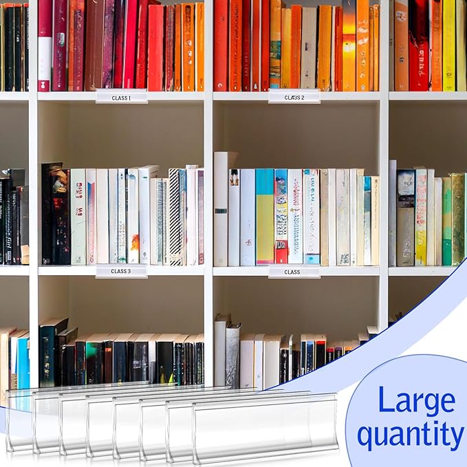 Yexiya 150 Pieces 3 x 1 Inch Clear Plastic Self Adhesive Label Holders Clear Shelf Tag Price Label Holders Bulk with Paper Inserts for Supermarket School Library Bookshelves Mailbox Storage Bins