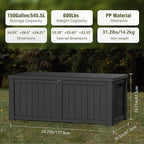 Extra-Large 150 Gallon Outdoor Chest Storage Waterproof - Outside Storage Box & Bench, Resin Deck Chest for Patio/Pool, Lockable UV-Resistant, Onyx Black