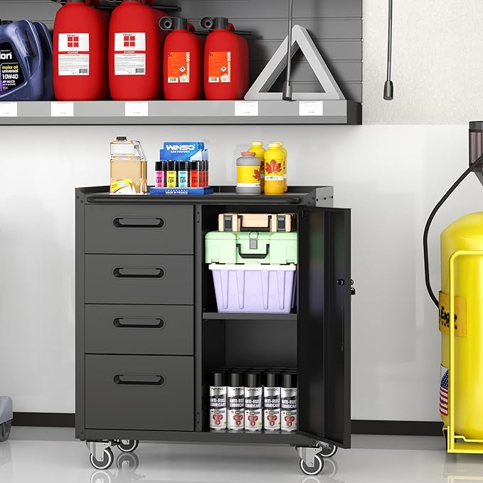 Mobile Tool Storage Cabinet with Wheels,Heavy Duty Rolling Tool Cabinets for Garage,Metal Storage Cabinets with 4 Drawer and 1 Locking Doors,Assembly Required