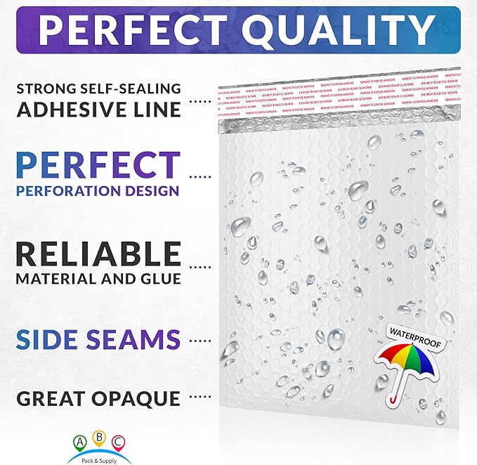ABC PACK & SUPPLY Poly Bubble Mailers, 10.5 x 15 Inch. Pack of 100 White Padded Envelopes Self Seal. Tear-Proof Gift Bubble Envelopes. Waterproof Packaging for Small Business. Cushioning Book Mailers