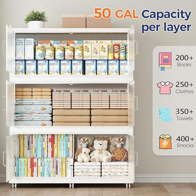 200Gal Extra Large Stackable Storage Bins with Lid, 800Qt Collapsible Storage Box with Wheels, Closet Organizers and Storage Cabinet Container for Home, Kitchen, Office, 4Pack White Clear