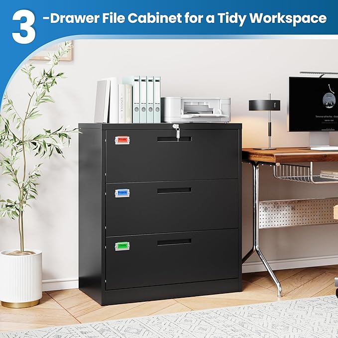 3 Drawer File Cabinet, Lateral Filing Cabinets for Home Office, Office Storage Drawers with Lock, Hanging Files Legal/Letter A4 Size (Assemble Required,Black)