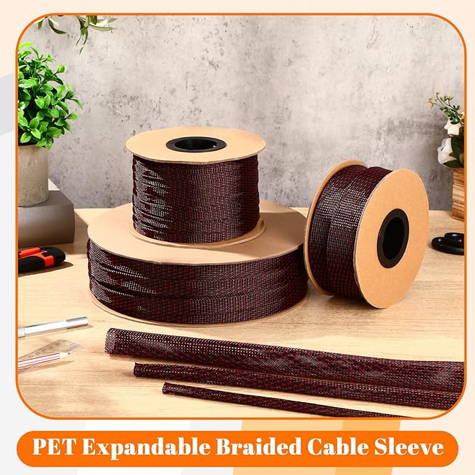 Pangda 1inchx300ft Wire Loom Pet Expandable Braided Sleeving Braided Sleeve for Tv, Computer, Home Theater(Black Red)