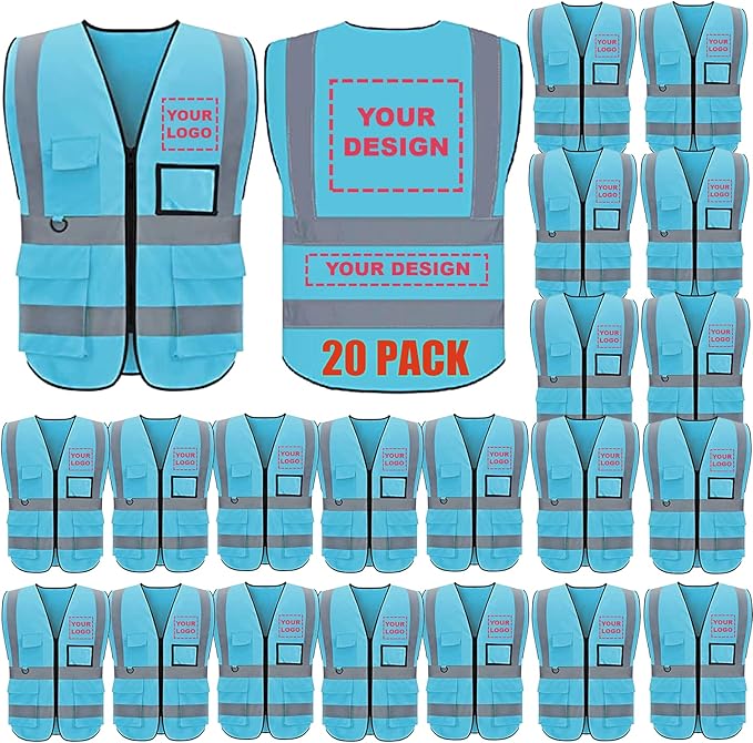 BeautyWill Custom Logo 10/20 Pack Safety Vest Class2 High Visibility Vest with Pockets Breathable Construction Vest Bulk