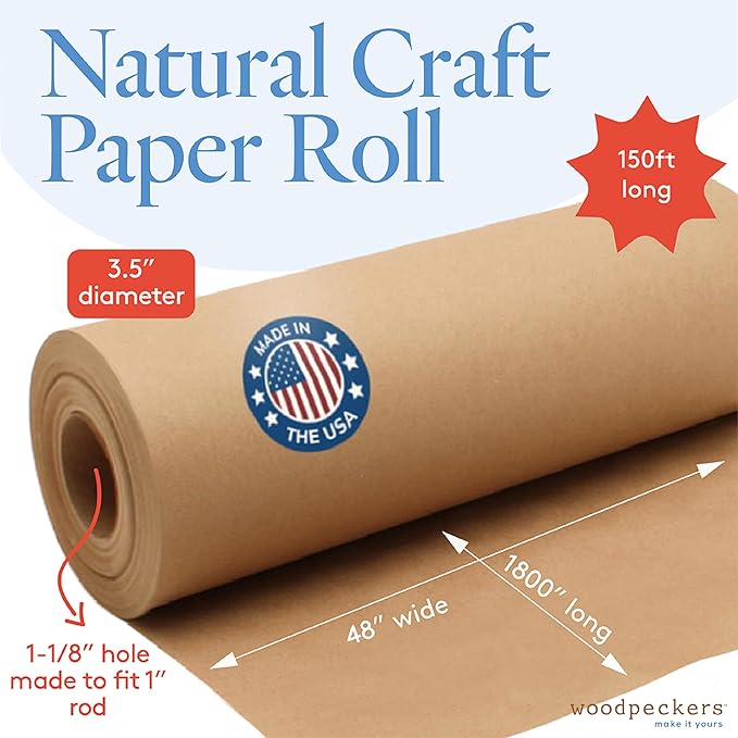 Woodpeckers Brown Craft Paper Roll 48 inch Wide, 1800 inch Long, 1 Roll, Jumbo Roll for Eco Friendly Christmas Gift Wrapping Paper and Packing Paper