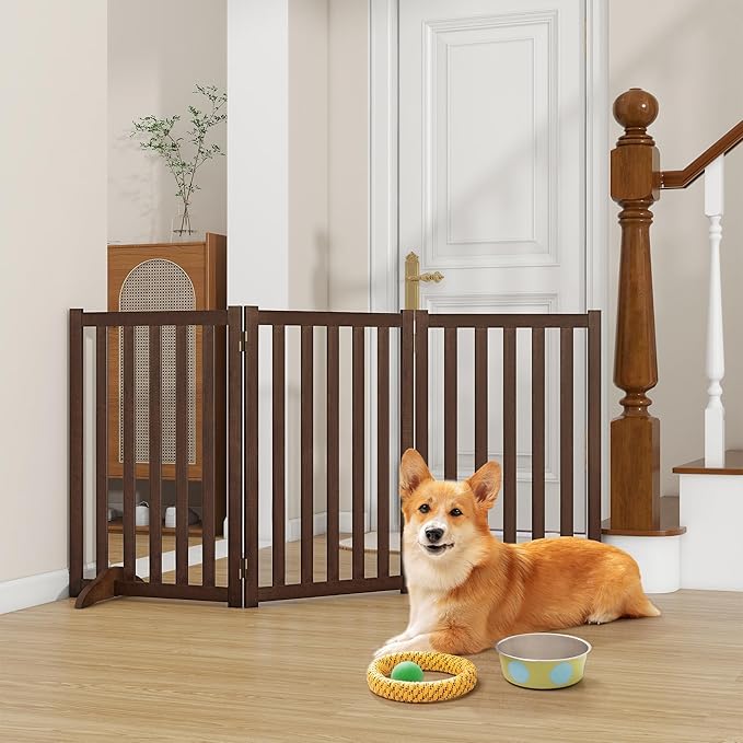 30" Height Tall Freestanding Pet Gate, Solid Wood Folding Safety Fence Wooden Dog Gate with 2 PCs Support Feet Ideal for Stairs, Doorways, Halls, Kitchens, Heavy Duty Gates, 3 Panels, Walnut