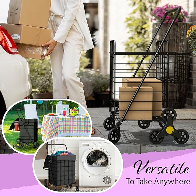 Stairs Climbing Shopping Cart w/Waterproof Basket Liner & 360° Swivel Wheels | Foldable Collapsible & Lightweight | Perfect for Groceries Laundry Utility Cart - Black