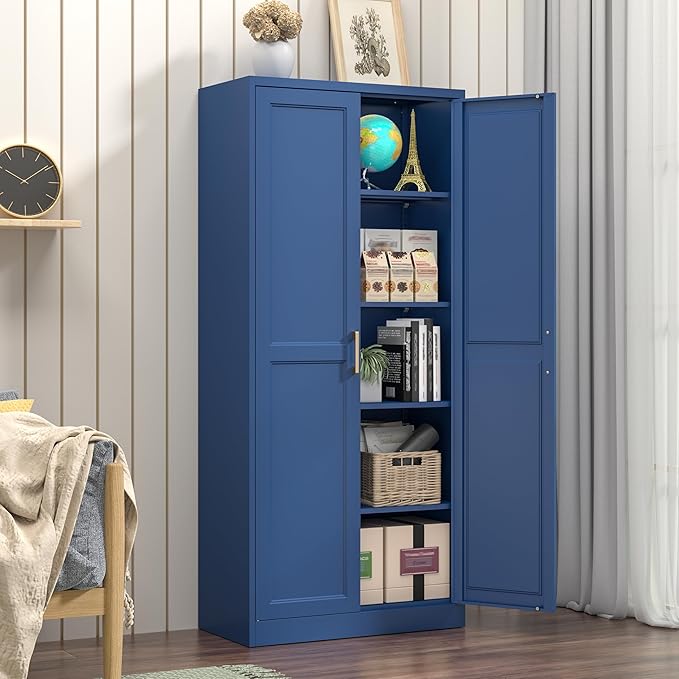 Kitchen Pantry Cabinet, 71 Inch Tall Metal Pantry Cabinet with Doors and Adjustable Shelves, Freestanding Food Cupboard, Storage Cabinets for Dining, Living Room, Navy Blue, Assemble Required