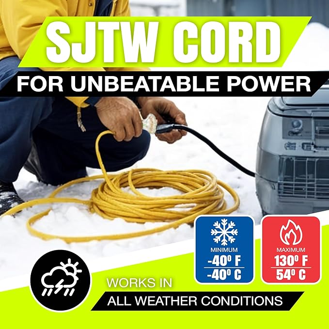 50ft Outdoor/Indoor Extension Cord 3-Outlet 12/3 Gauge Extra Heavy Duty ETL Listed, 3 Prong SJTW, Waterproof, Flexible Cold-Resistant Long Power Cord,15A 125V 1875W, Yellow by LifeSupplyUSA