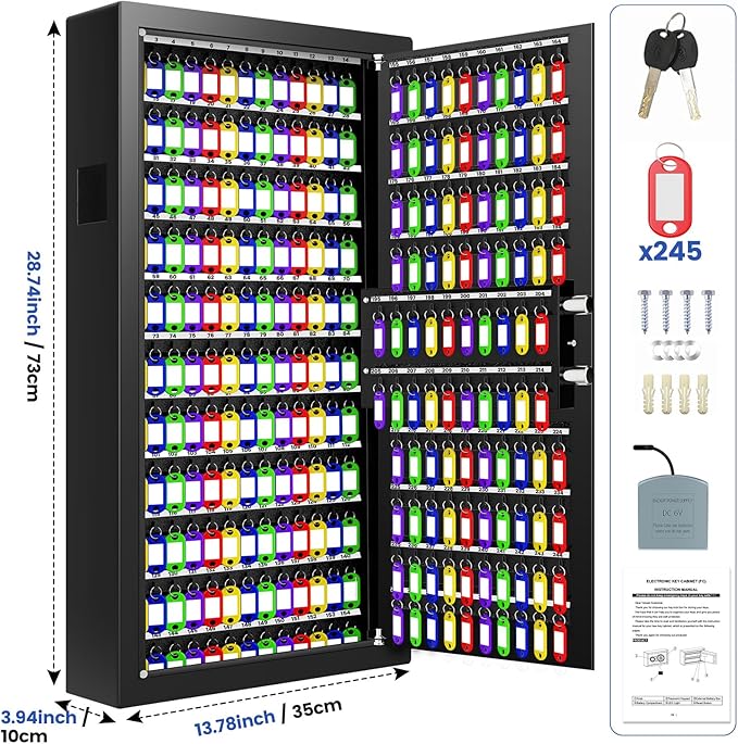 254 Keys Digital Key Lock Box Wall Mount with Code, Heavy Duty Anti-Theft Key Lock Box with Side Drop Slot and Colorful Key Tags for Car Garage House Rental Office