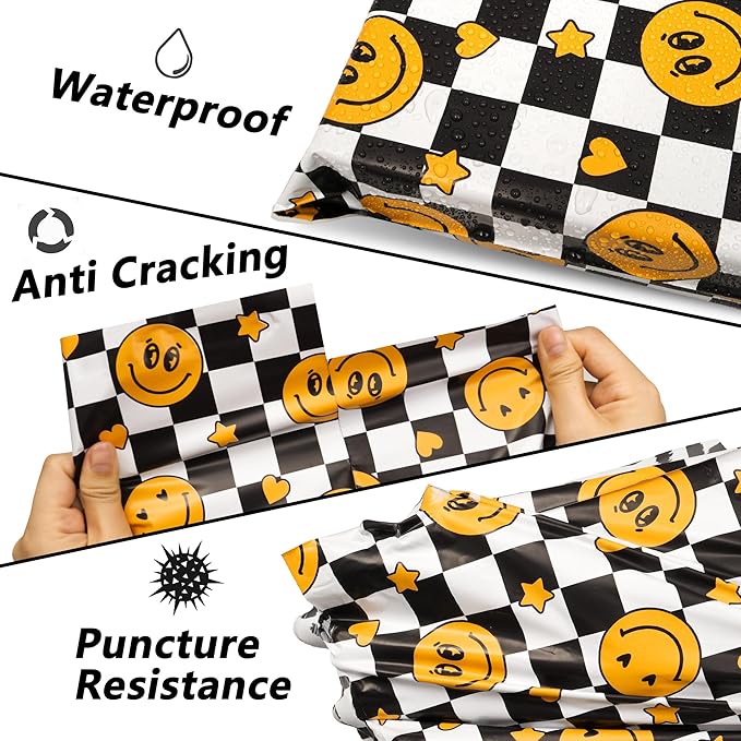 Poly Mailers 10x13 Inch 25 Pcs - Smiles Checkerboard Printed Shipping Bags, 2.4mil Thickness, Waterproof and Tear Resistant Mailing Envelopes, Self-Sealing Packaging Bags for Small Business