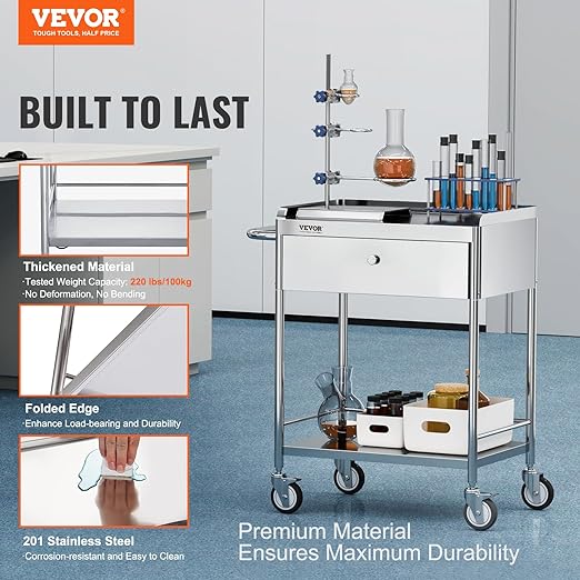 VEVOR Medical Cart, 2-Layer Stainless Steel Cart 220 lbs Weight Capacity, Lab Utility Cart with 360° Silent Wheels and a Drawer for Lab, Clinic, Kitchen, Salon