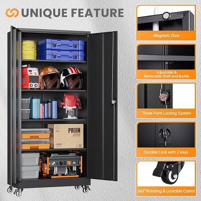 Metal Garage Storage Cabinets with Wheels, Rolling Tool Cabinet with Lock, Locking Garage Caninet on Wheels with Shelves, Steel 2 Door Tall Tool Cabnets for Workshop/Home/Office - (Black 75”H)