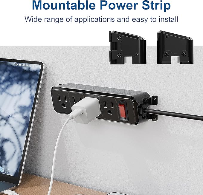 Wall Mount Power Strip,Flat Plug Power Strip with Switch,6ft Extension Cord,4 Outlets, Flexible Installation for Home, Office,and School,ETL Listed,Black (6ft,4 outlets)