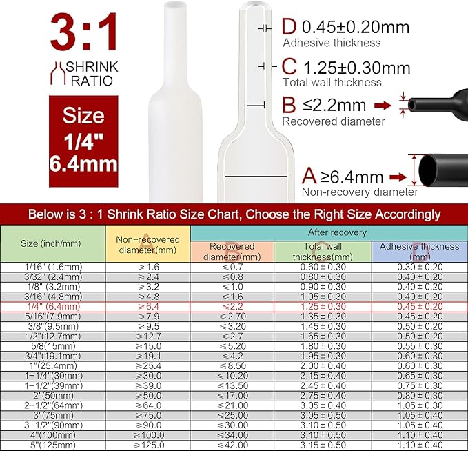 Chanzon 3:1 Ratio 1/4" (6.4mm) Heat Shrink Tubing - Marine Grade Waterproof Adhesive Lined - 8Ft Roll (2.5M Total Length) White Polyolefin Sleeving Wrap Shrinking 3 to 1 Ratio 1pcs