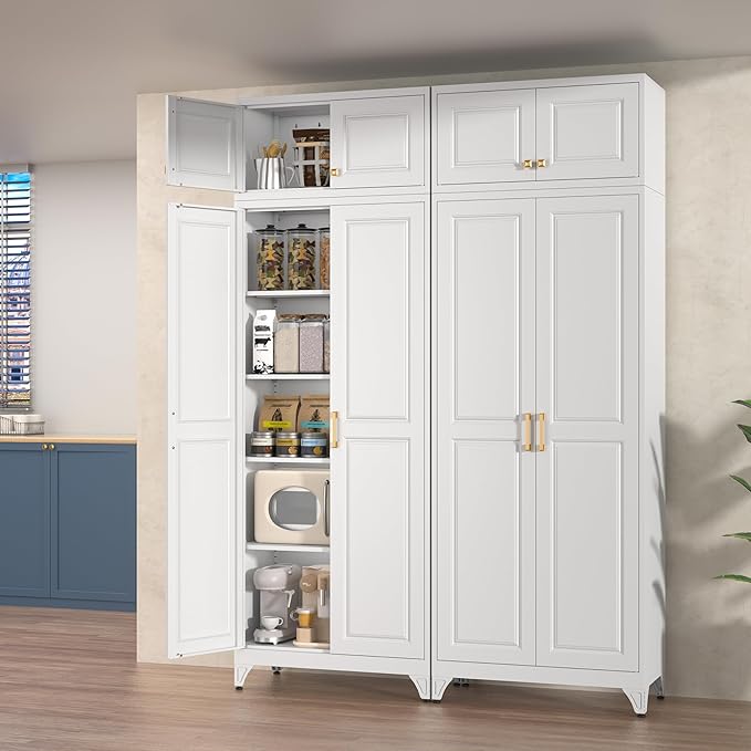 Kitchen Pantry Cabinet, 90" Tall Metal Storage Cabinet, Food Pantry cabinets with Doors and Shelves, Storage Cabinets for Living Room, Dining, White,16" D x 32" W x 90" H, Assembly Required