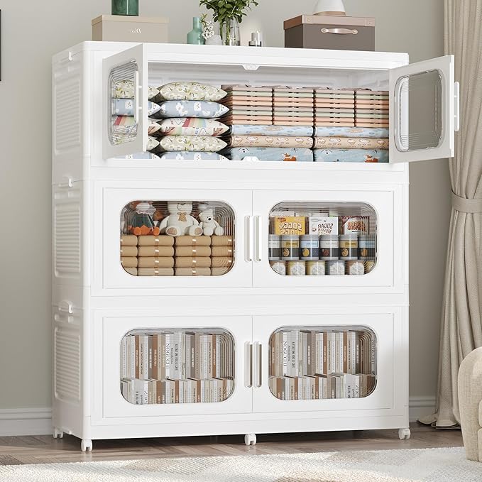600QT Large Stackable Storage Bins with Lid, 150Gal Plastic Collapsible Closet Organizers Drawers Box with Wheels, Folding Cabinet Containers with Doors for Home Kitchen Office, 3Pack White