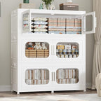 600QT Large Stackable Storage Bins with Lid, 150Gal Plastic Collapsible Closet Organizers Drawers Box with Wheels, Folding Cabinet Containers with Doors for Home Kitchen Office, 3Pack White