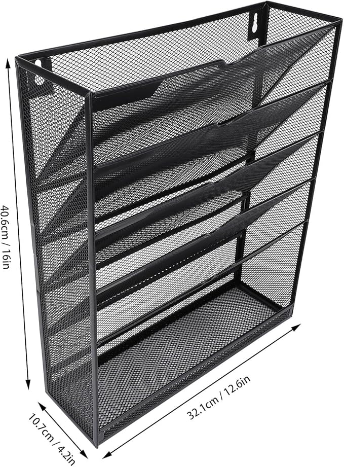 Walfront Hanging Wall File Holder 6 Tier Metal Hanging Wall Mount File Organizer for Home and Office Vertical Folder Rack with 5 Pockets Bottom Slot Grooves Tray Label Slot Easy Setup