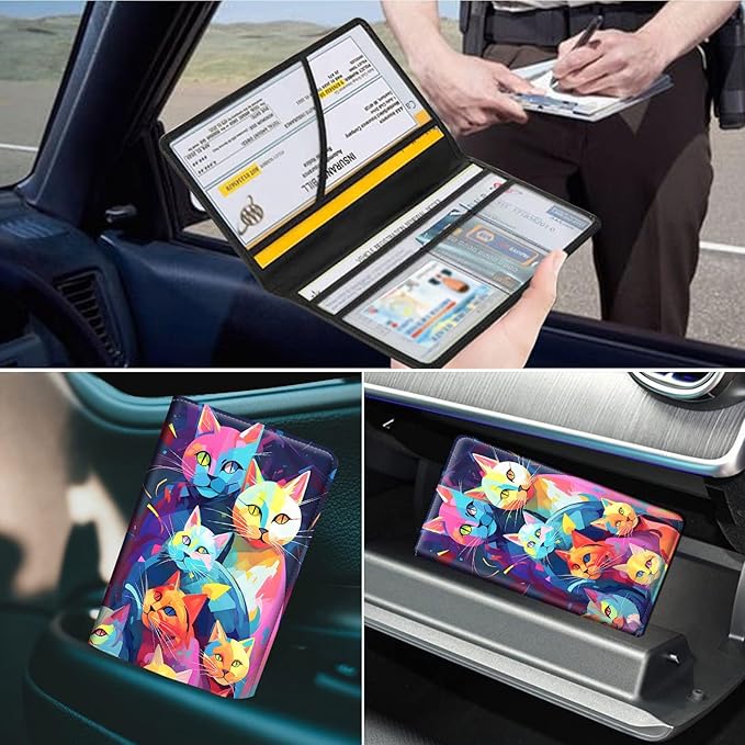 Car Registration and Insurance Holder, Leather Car Glove Box Organizer, Cool Car Accessories for ID, Driver's License Cards & Essential Document,business cards,Men&Women,Color Cat