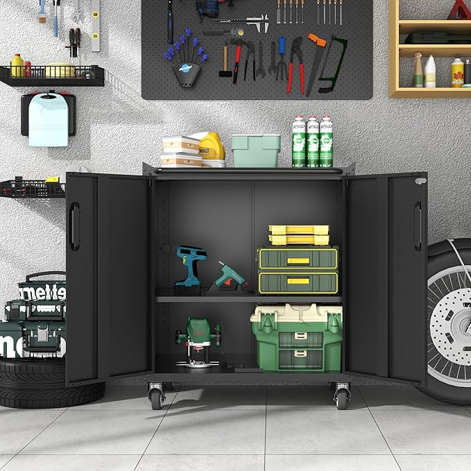 Metal Storage Cabinet with Wheels, Lockable Garage Storage Cabinet with Doors and Shelves, Rolling Tool Cabinet, Assembly Required, Black