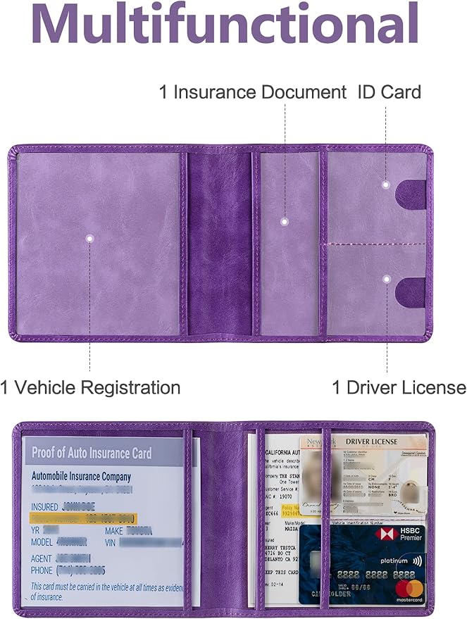 Mymazn Car Registration and Insurance Card Holder, PU Leather Insurance and Registration Holder with Magnetic Closure, Car Document Holder For Driver's License & Essential Documents, Purple