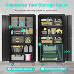 Metal Garage Cabinets with Wheels| 71" Steel Lockable Garage Storage Cabinet with 4 Adjustable Shelves, Heavy-Duty Tool Storage Cabinet for Home, Basement, Workshop (Black)