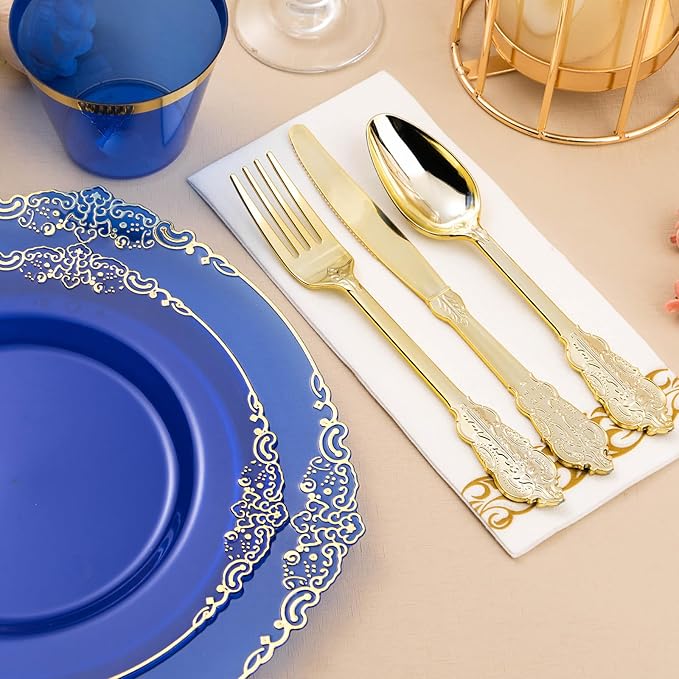700PCS Clear Blue Plastic Plates for 100 Guests, Disposable Plates with Gold Trim include 100 Dinner plates, 100 Dessert Plates, 100 Gold Silverware, Cups and Napkins for Party, Graduation