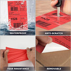Red Direct Thermal Labels 4 × 6 Inch Vinyl Self-Adhesive Fanfold Shipping Stickers Waterproof Perforated Printer Decal for Office School Warehouse 500 PCS