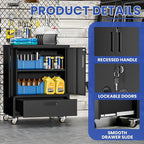 Metal Tool Storage Cabinet with Wheels,Black Heavy Duty Mobile Rolling Tool Cabinets for Garage,Metal Storage Cabinets with 2 Locking Doors and 1 Drawer,Assembly Required