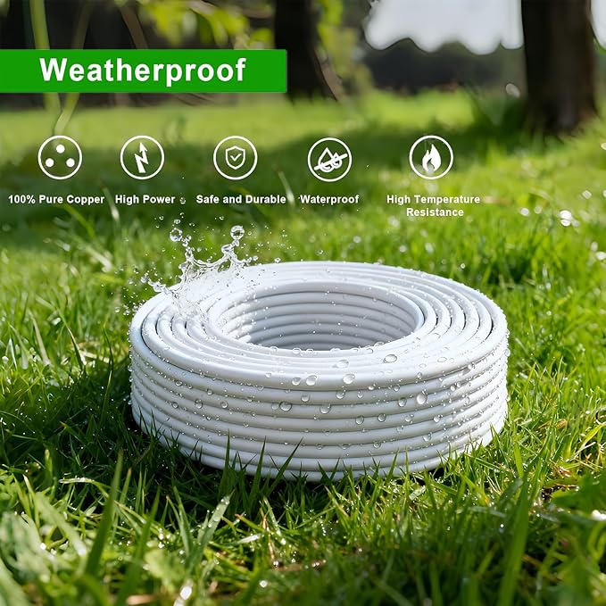 Outdoor Extension Cord 50ft, White Waterproof Extension Cord 16 Gauge 2 Prong Power Cable, 50ft Heavy Duty Power Cord for Yard, Garden,Lights(13A 125V)
