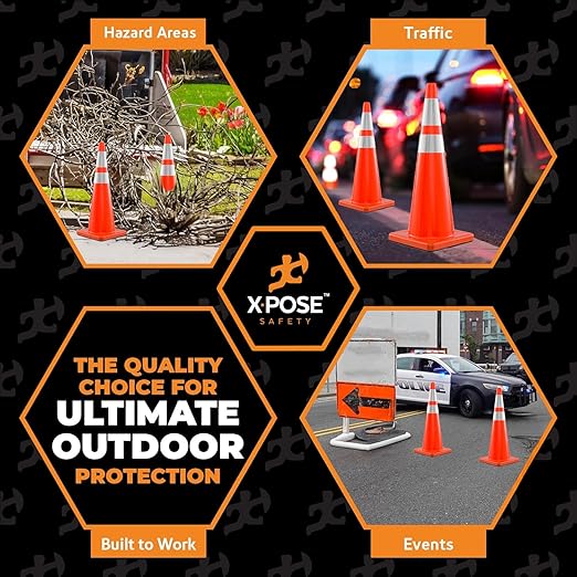 Xpose Safety 36 Inch Orange Traffic Cones Heavy Duty 12lb with 6" & 4" Collars, 24 Pack - Multipurpose PVC Plastic Safety Cone for Parking, Soccer, Caution, Kids and Construction - DOT Approved