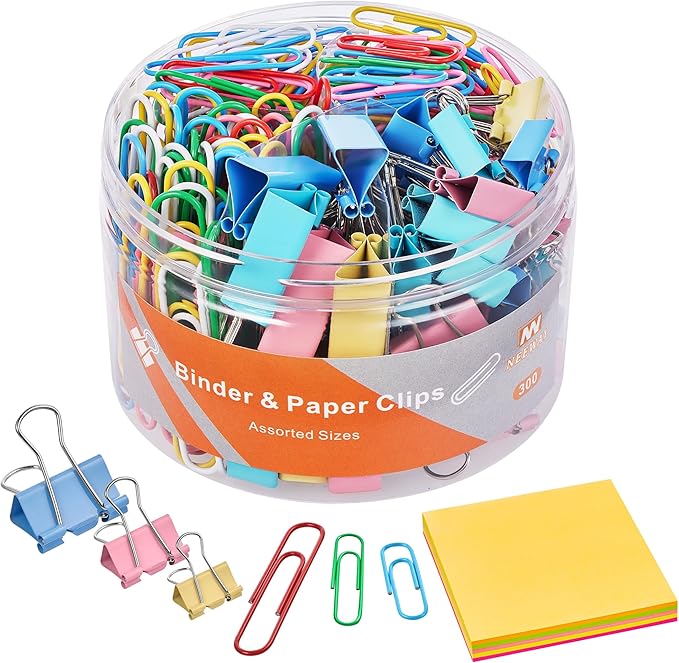 NEEWAY 300pcs Paper Clips and Binder Clips Assorted Sizes with 100 Sheets Sticky Notes, Colored Paper Clips Set for Home, Office Supplies