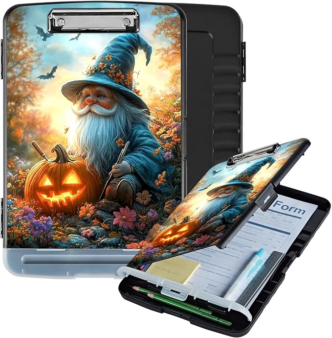 Clipboard with Storage Box & Pen Holder,Heavy Duty Clip Boards 8.5x11 for Nursing,High Capacity,School & Office Supplies,Halloween Gnome