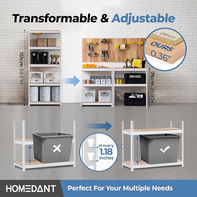 HOMEDANT 5 Tier Laminated White Boltless Metal Shelving Unit Adjustable Garage Storage Utility Rack Heavy Duty Shelves Organization Shelf Warehouse Pantry 28" W x 12.3" D x 59.5" H 10Pack