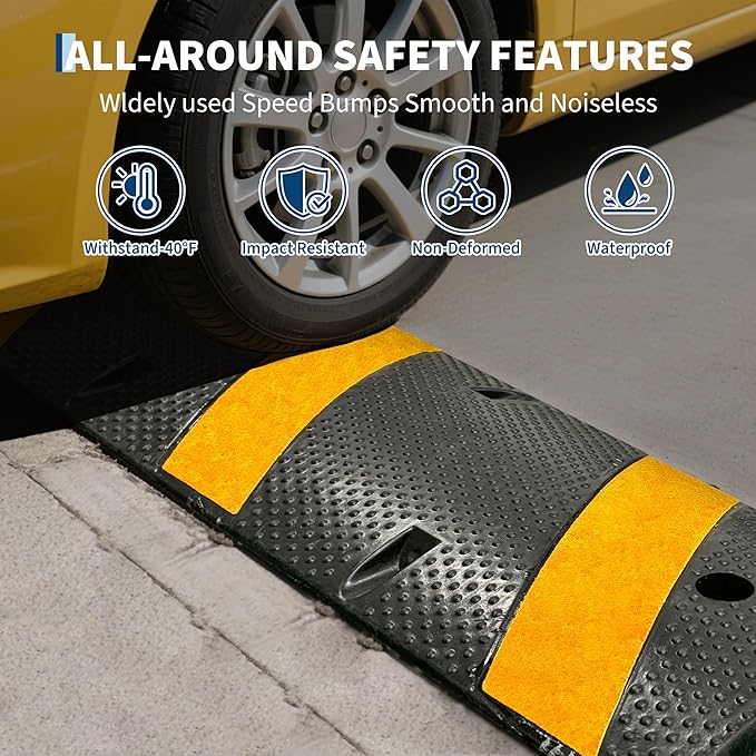 4 Pack 6FT Speed Bumps for Road, Heavy Duty 25,000 Lbs Capacity Traffic Rubber Speed Humps with 2 Channel Floor Cord Cover for Asphalt Concrete Gravel Driveway Road Cable Protector Ramp